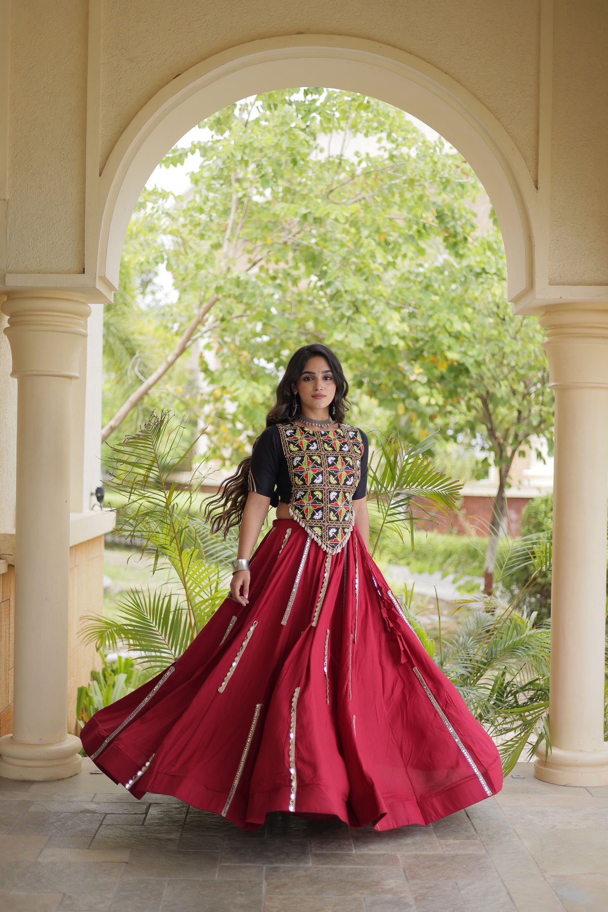 Rayon Thread Embroidered Navratri Lehenga