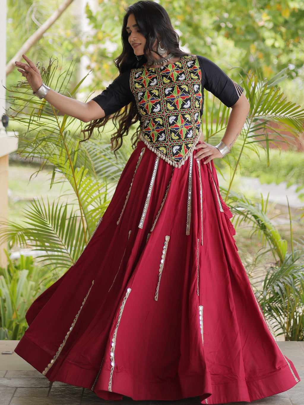 Rayon Thread Embroidered Navratri Lehenga