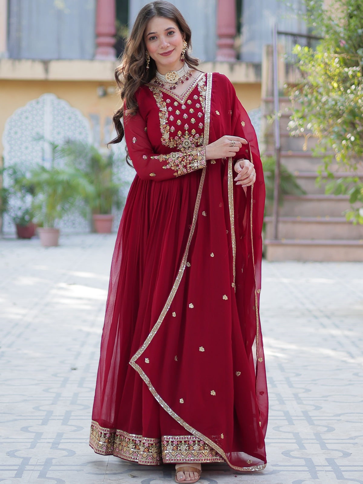 Georgette Sequins Embroidered Gown With Dupatta