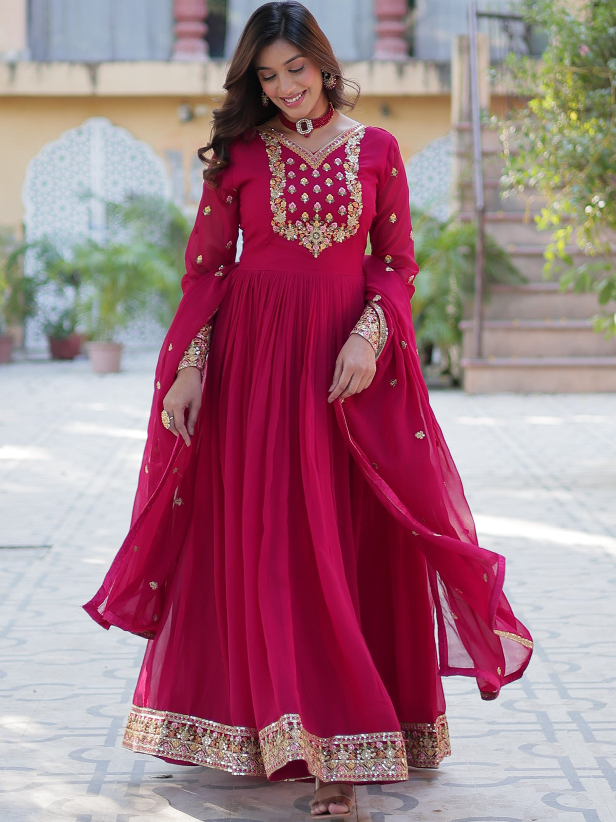 Georgette Sequins Embroidered Gown With Dupatta