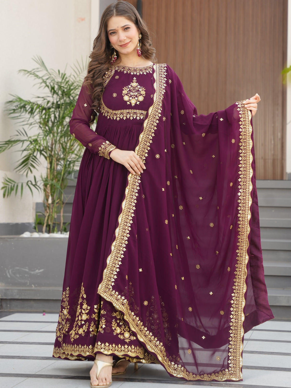 Faux Georgette Thread Embroidered Gown With Dupatta