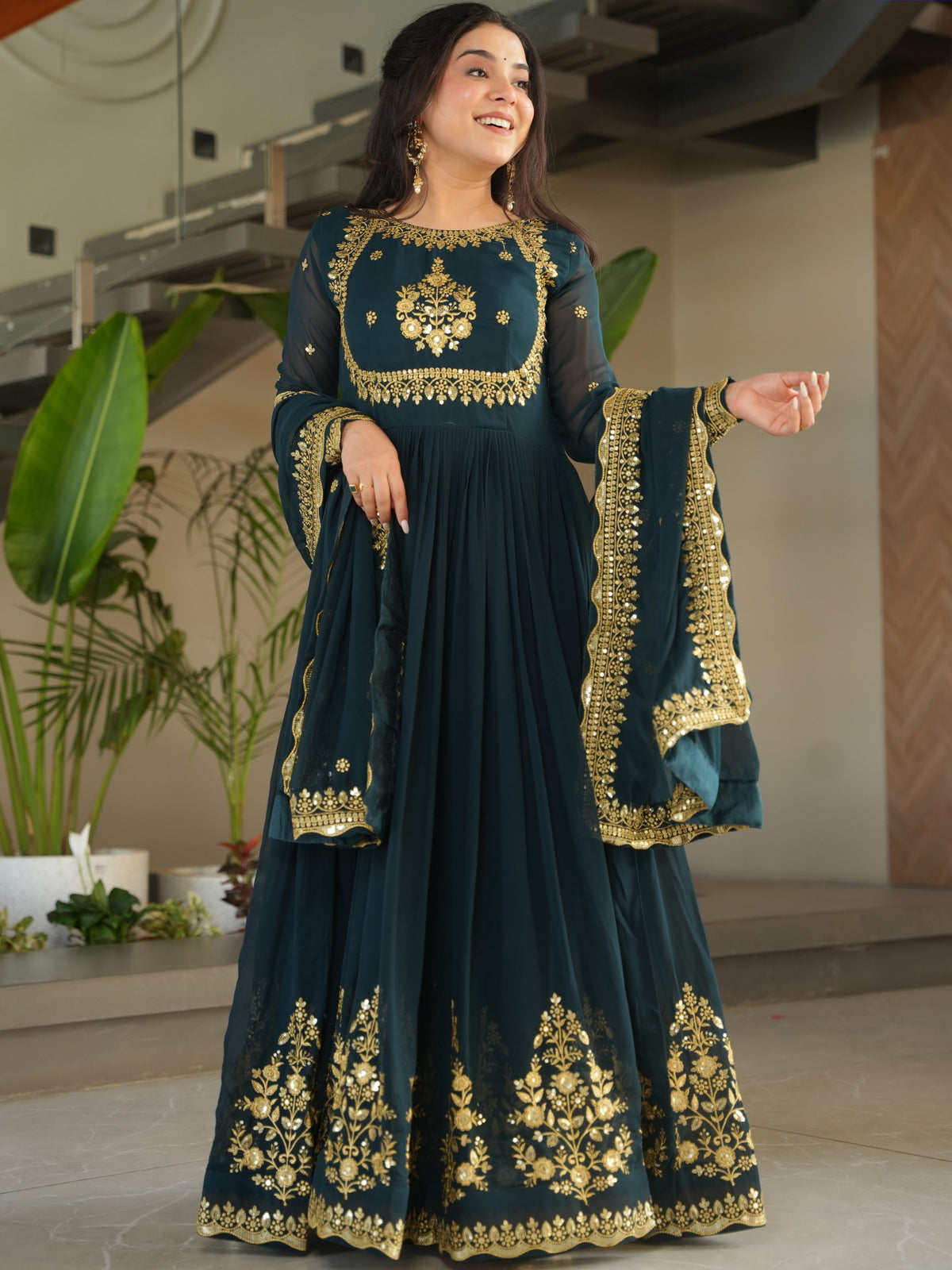 Faux Georgette Thread Embroidered Gown With Dupatta