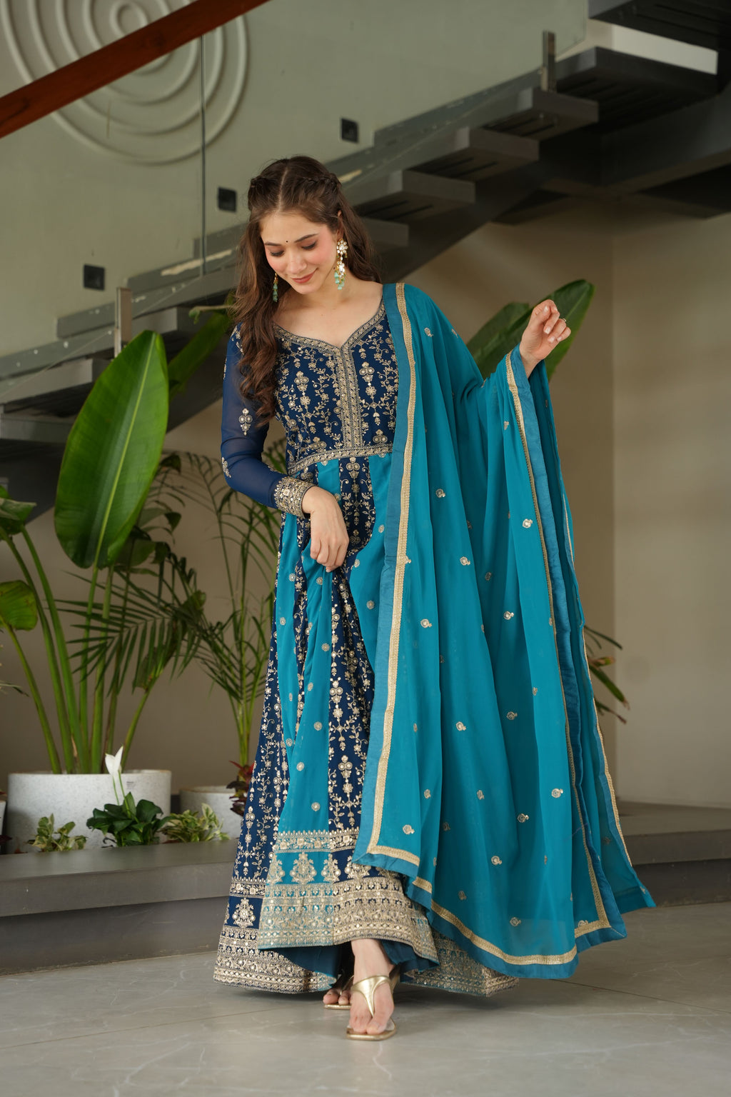Georgette Sequins Embroidered Gown With Dupatta