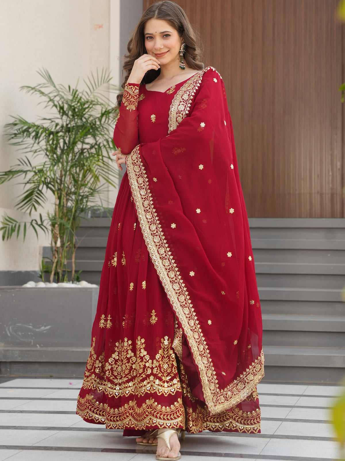 Georgette Thread Embroidered Gown With Dupatta