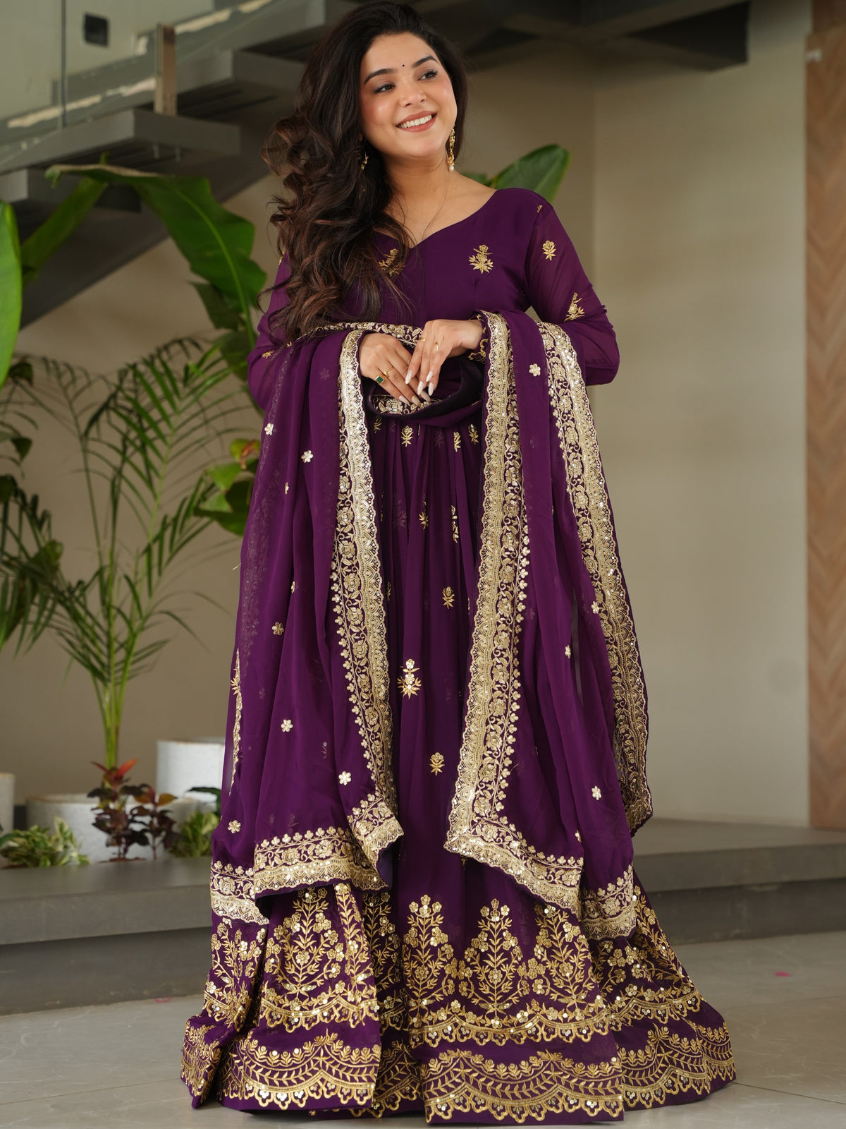 Georgette Thread Embroidered Gown With Dupatta