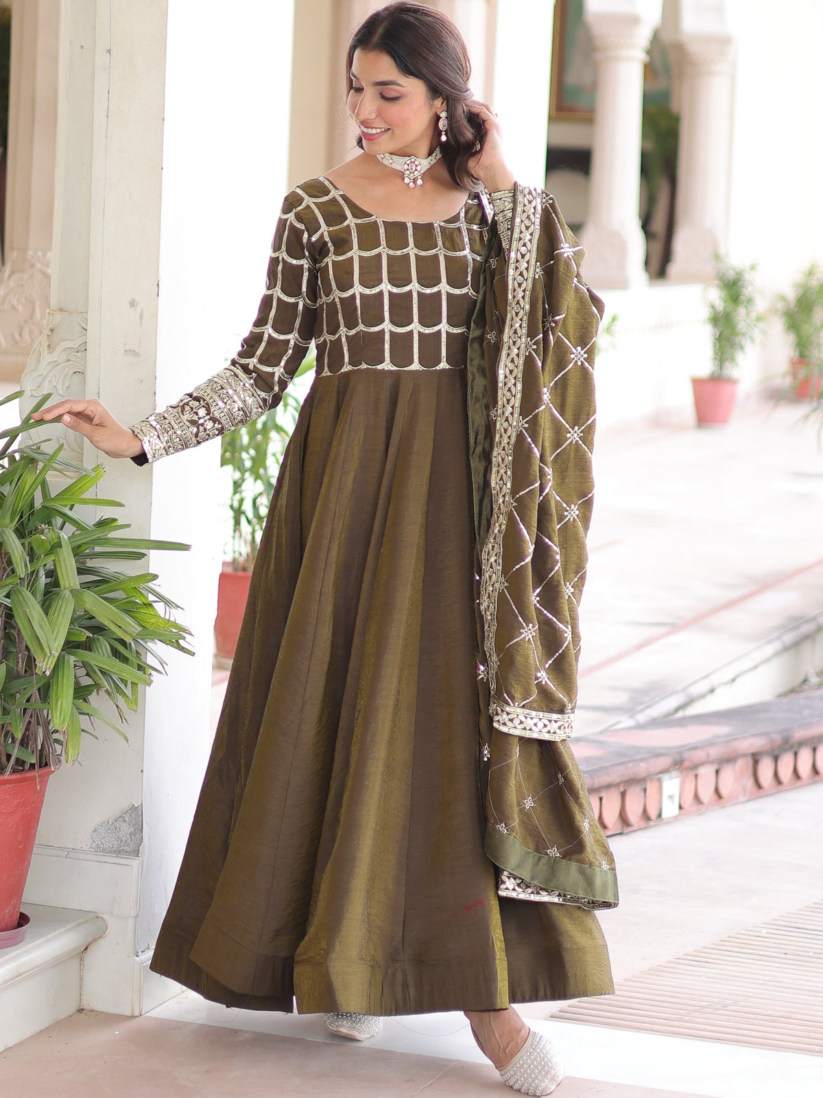 Vichitra Silk Zari Embroidered Gown With Dupatta