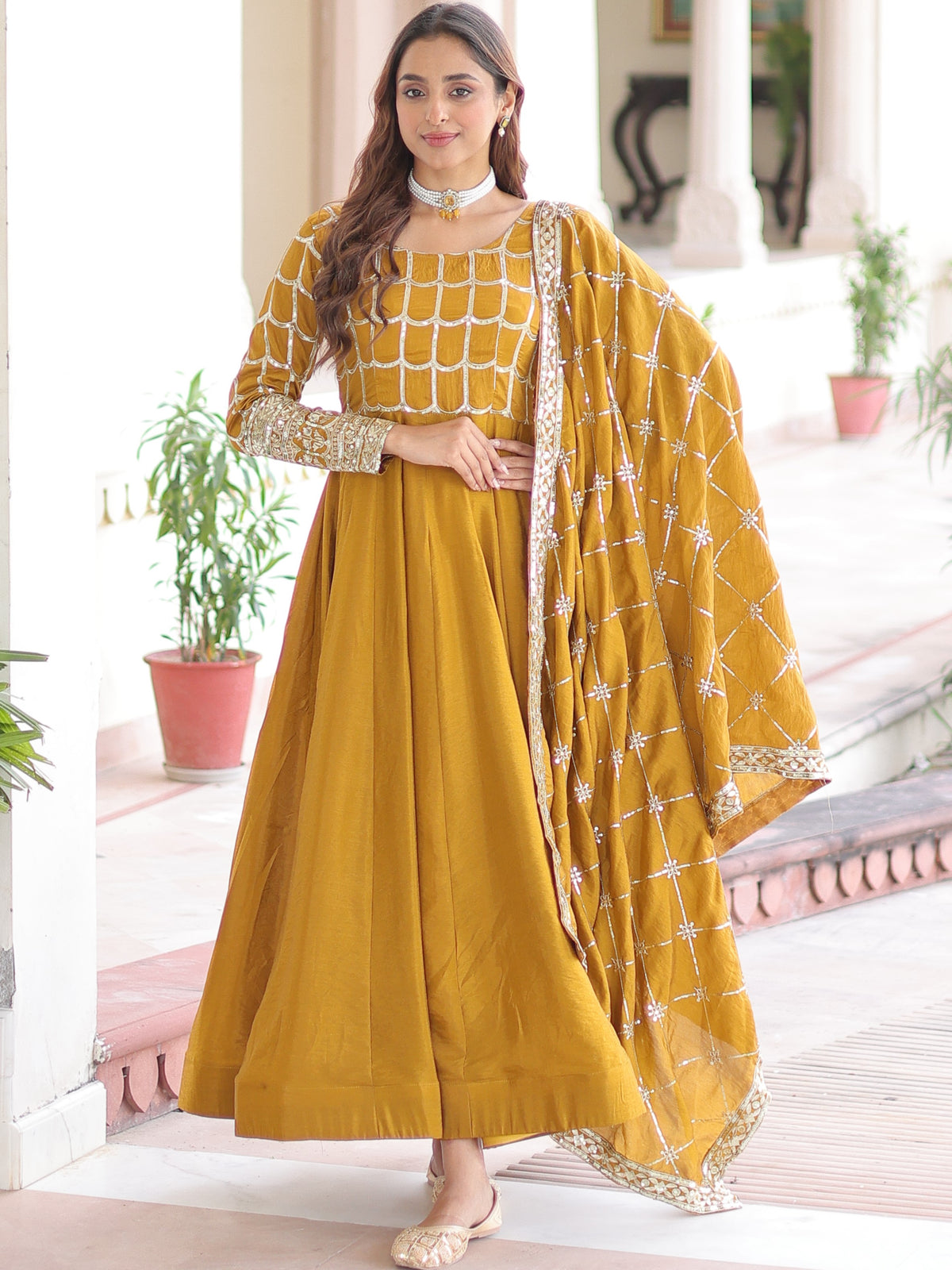 Vichitra Silk Zari Embroidered Gown With Dupatta