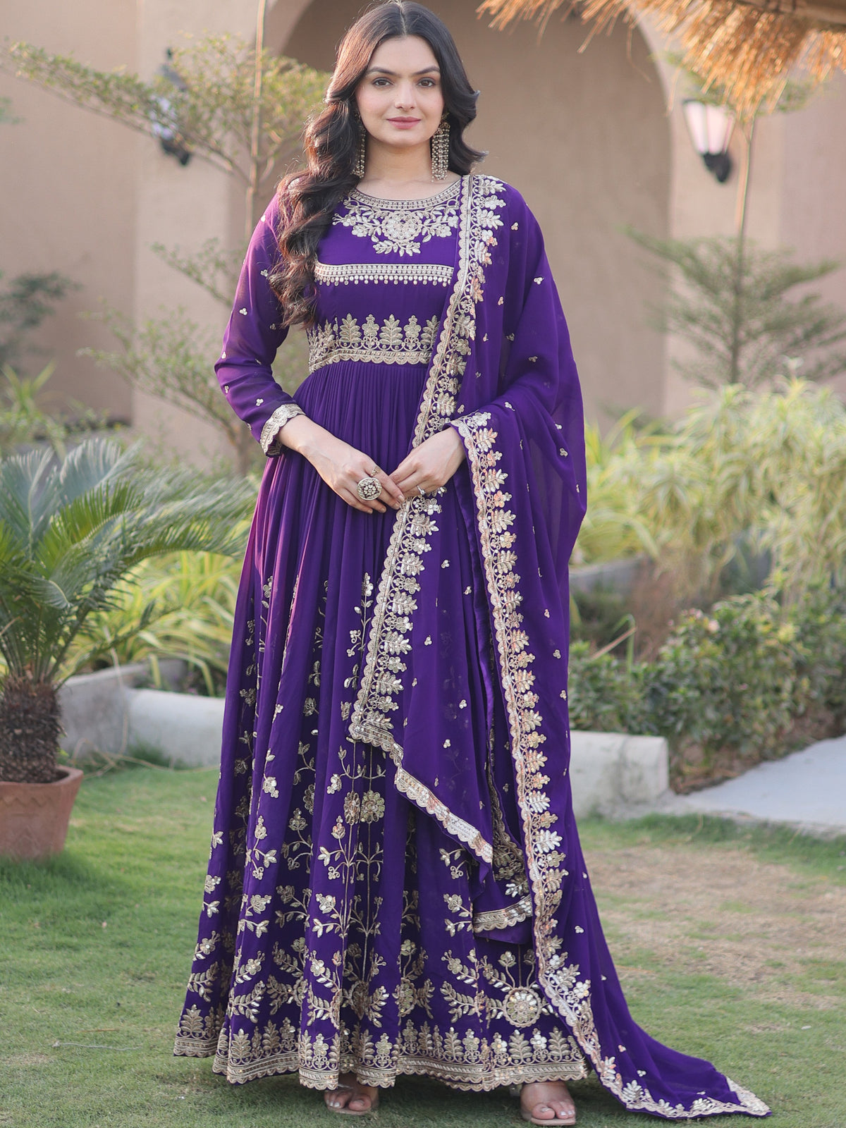 Georgette Sequins Embroidered Gown With Dupatta