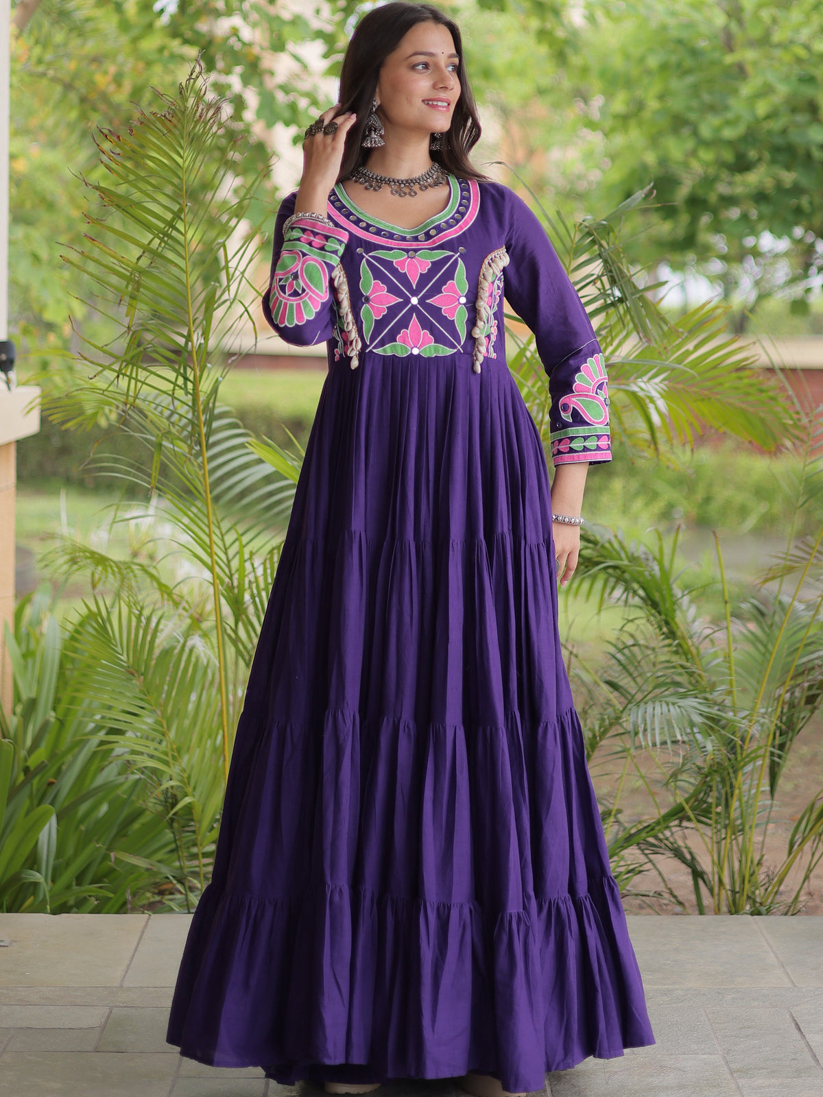 Kora Cotton Multi Thread Embroidered Navratri Gown