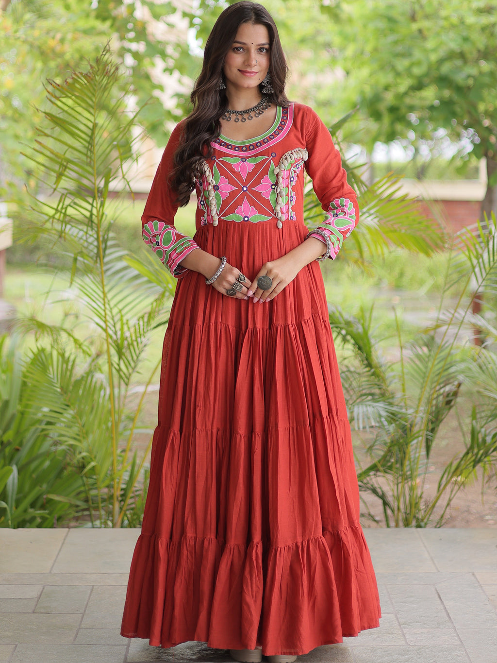 Kora Cotton Multi Thread Embroidered Navratri Gown