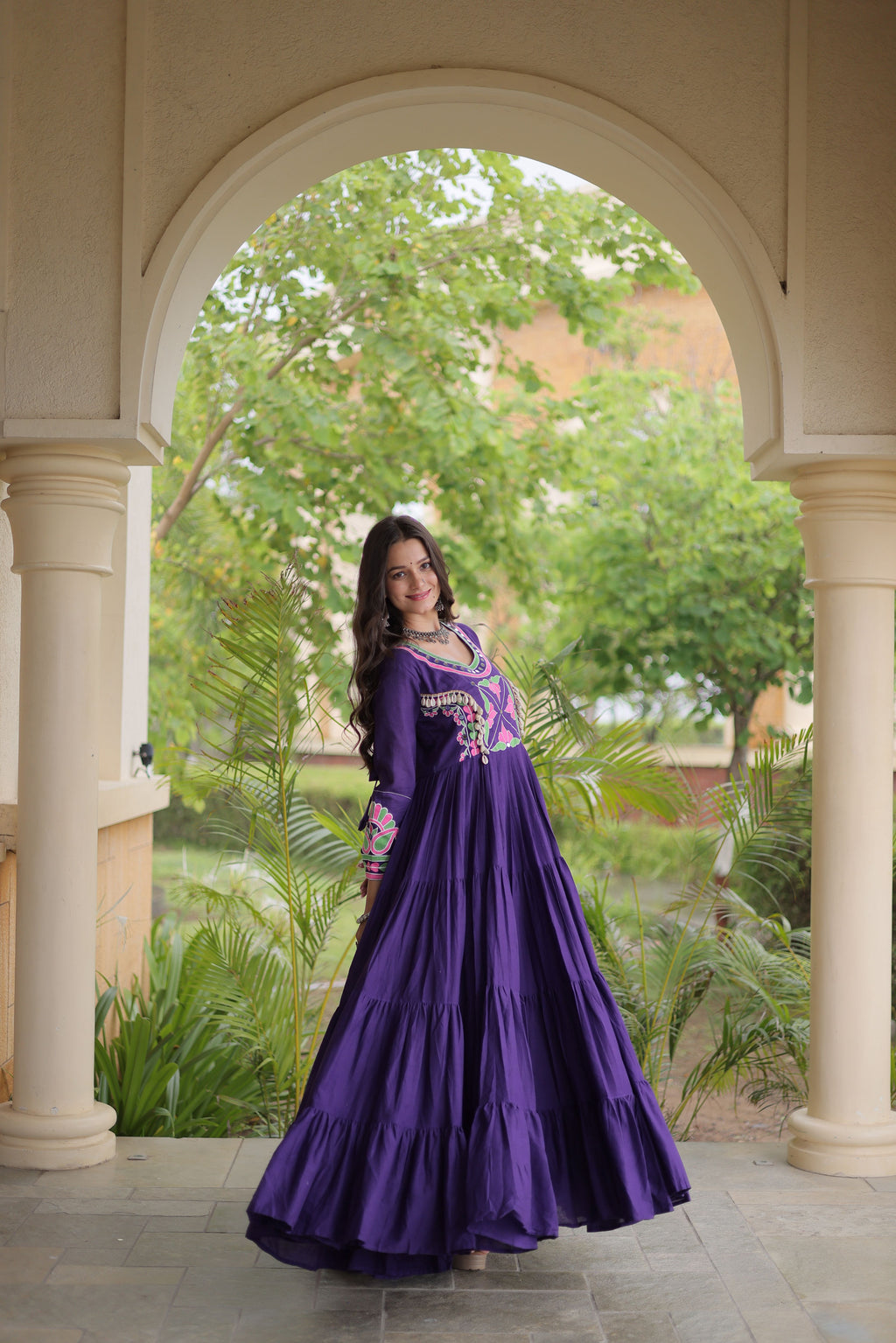 Kora Cotton Multi Thread Embroidered Navratri Gown