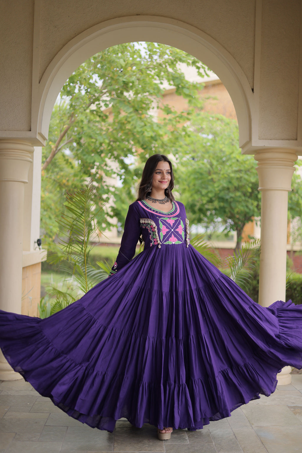 Kora Cotton Multi Thread Embroidered Navratri Gown