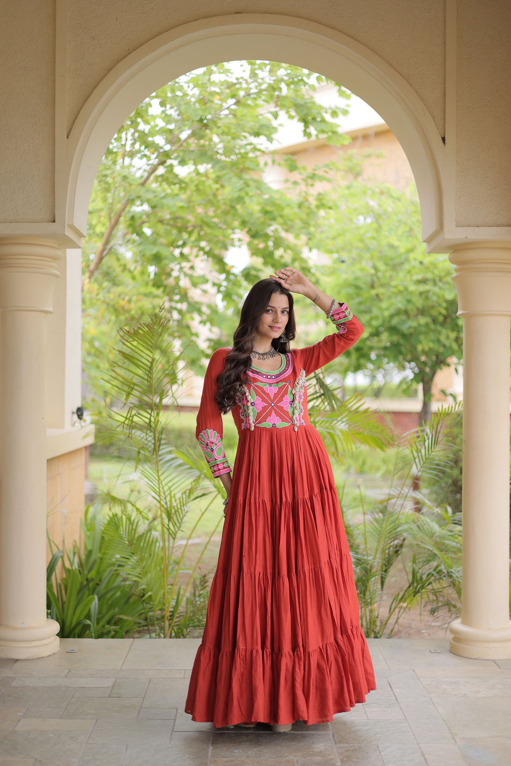 Kora Cotton Multi Thread Embroidered Navratri Gown