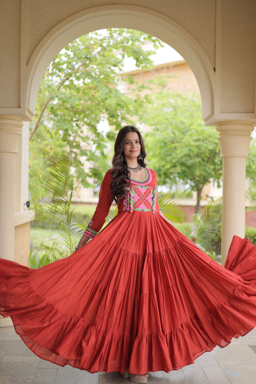 Kora Cotton Multi Thread Embroidered Navratri Gown