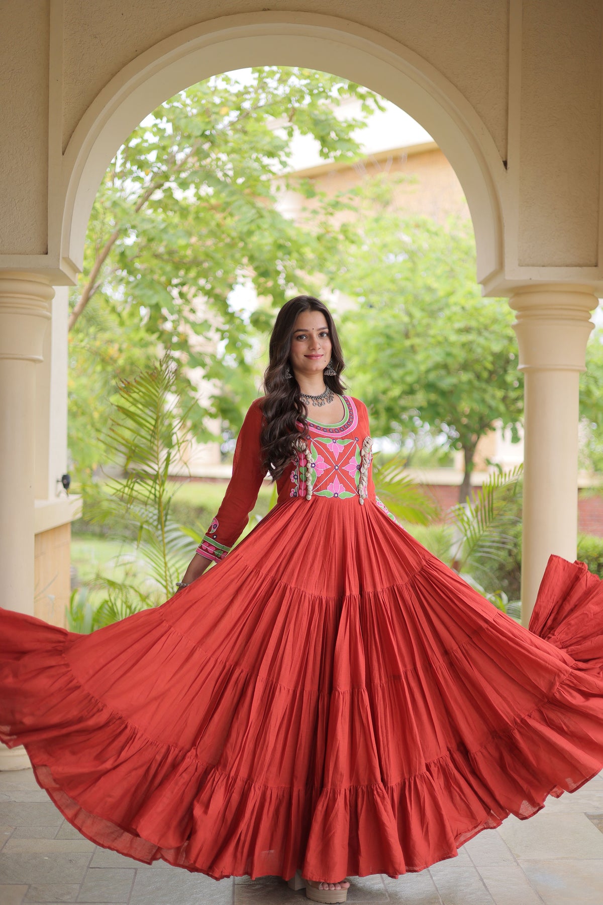 Kora Cotton Multi Thread Embroidered Navratri Gown