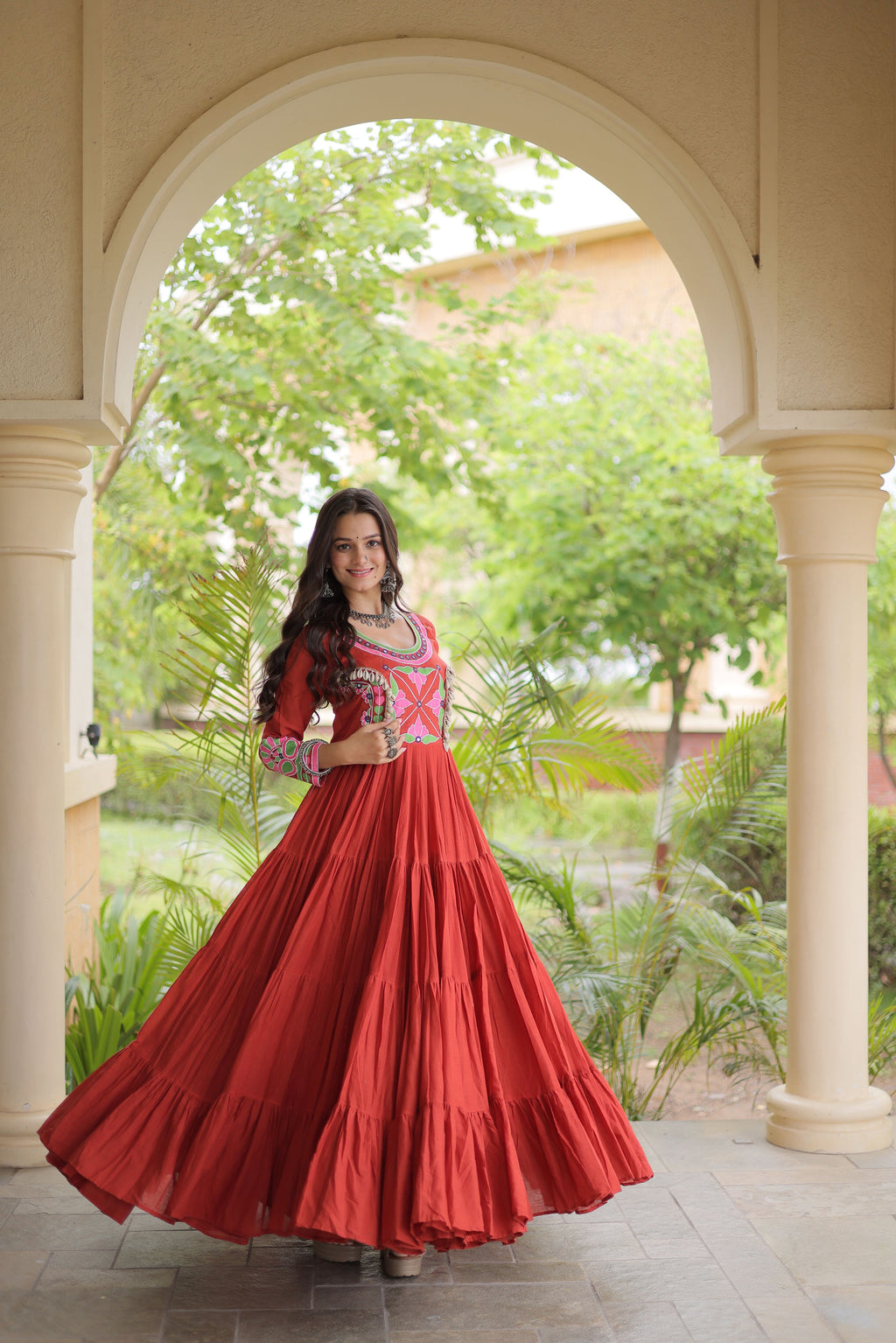 Kora Cotton Multi Thread Embroidered Navratri Gown