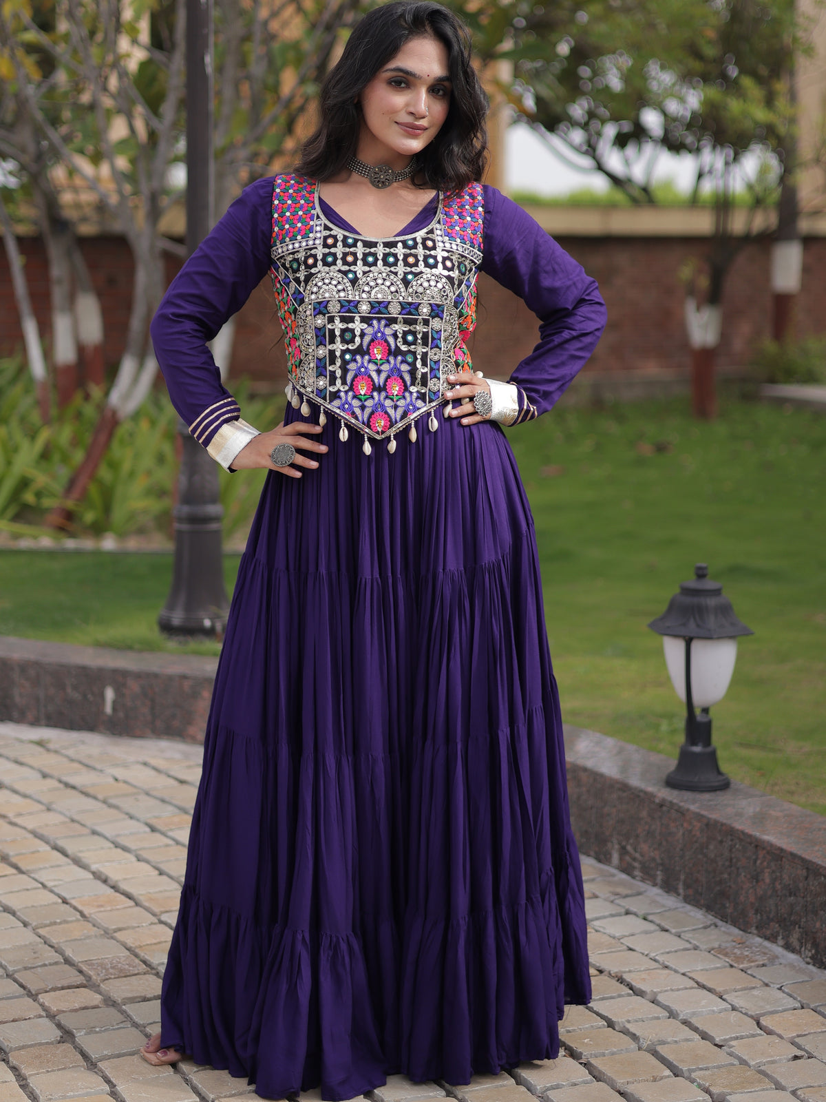 Rayon Thread and Mirror Work Navratri Lehenga