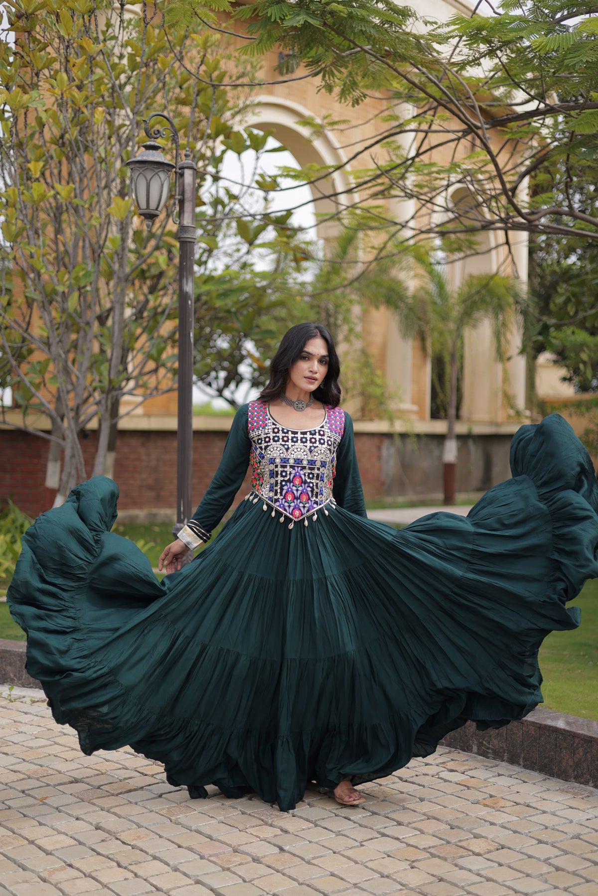 Rayon Thread and Mirror Work Navratri Lehenga