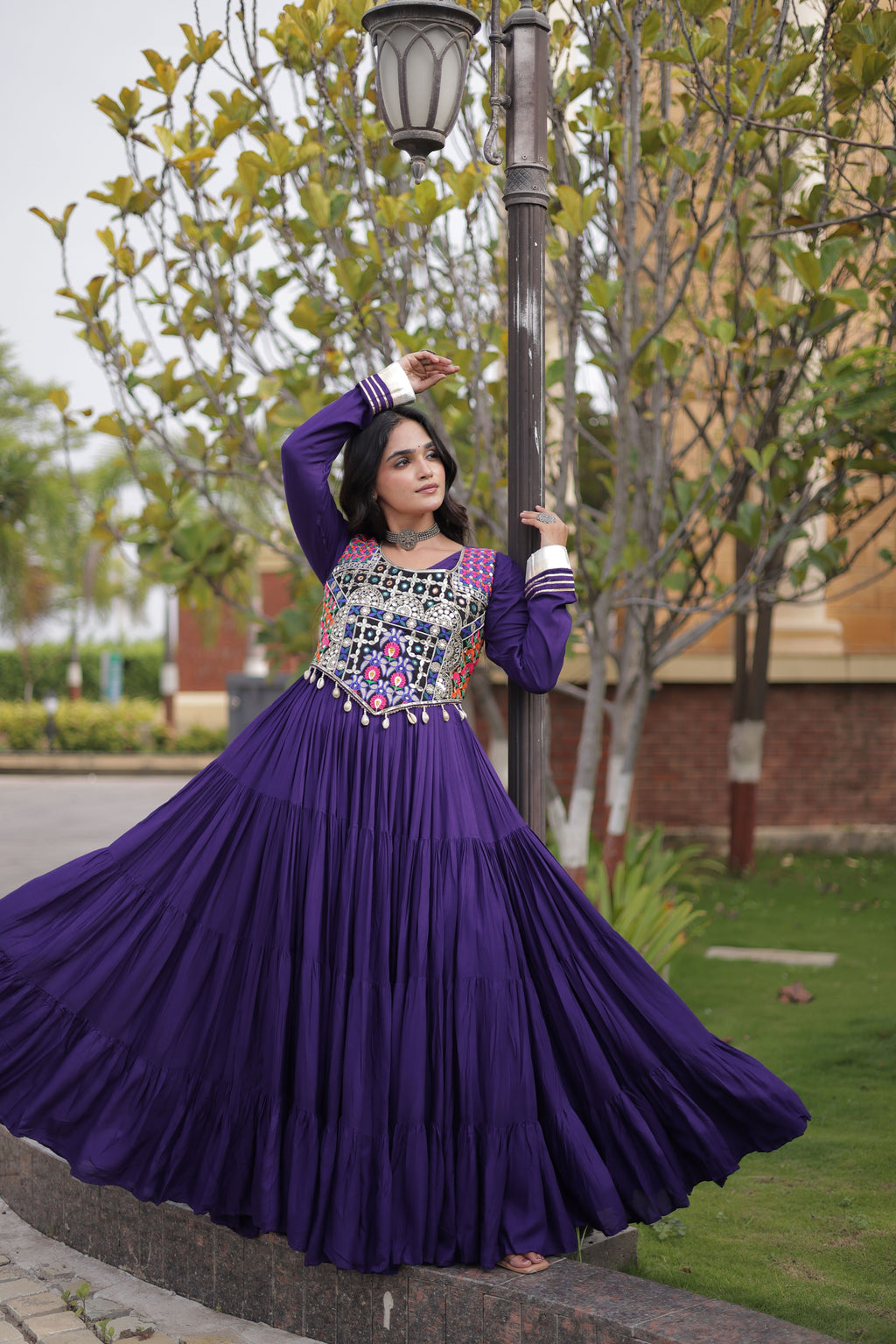 Rayon Thread and Mirror Work Navratri Lehenga