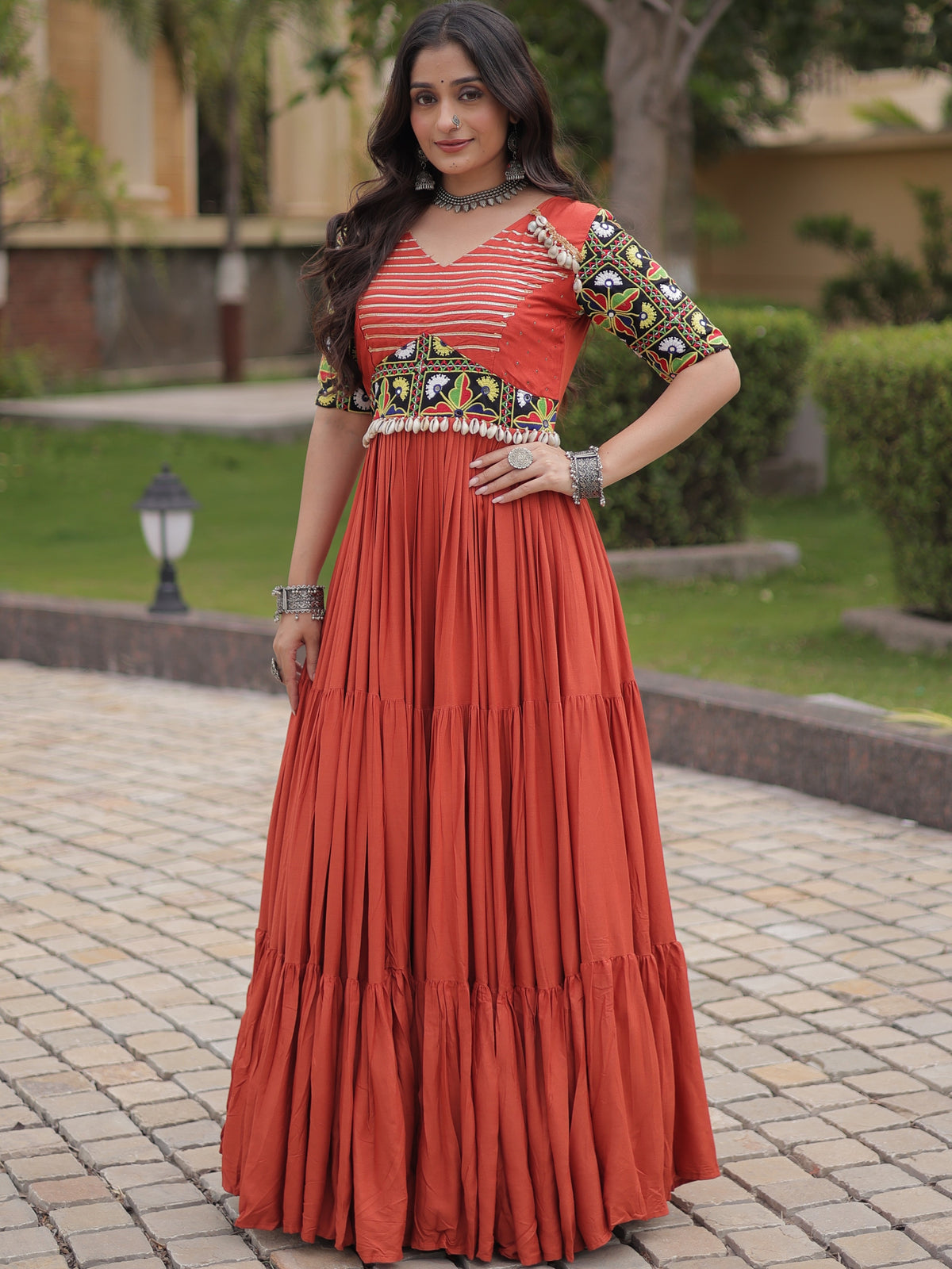 Rayon Cotton Thread Embroidery Navratri Gown