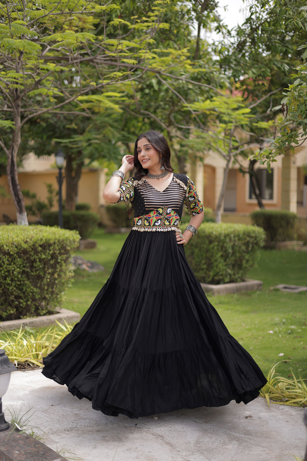 Rayon Cotton Thread Embroidery Navratri Gown
