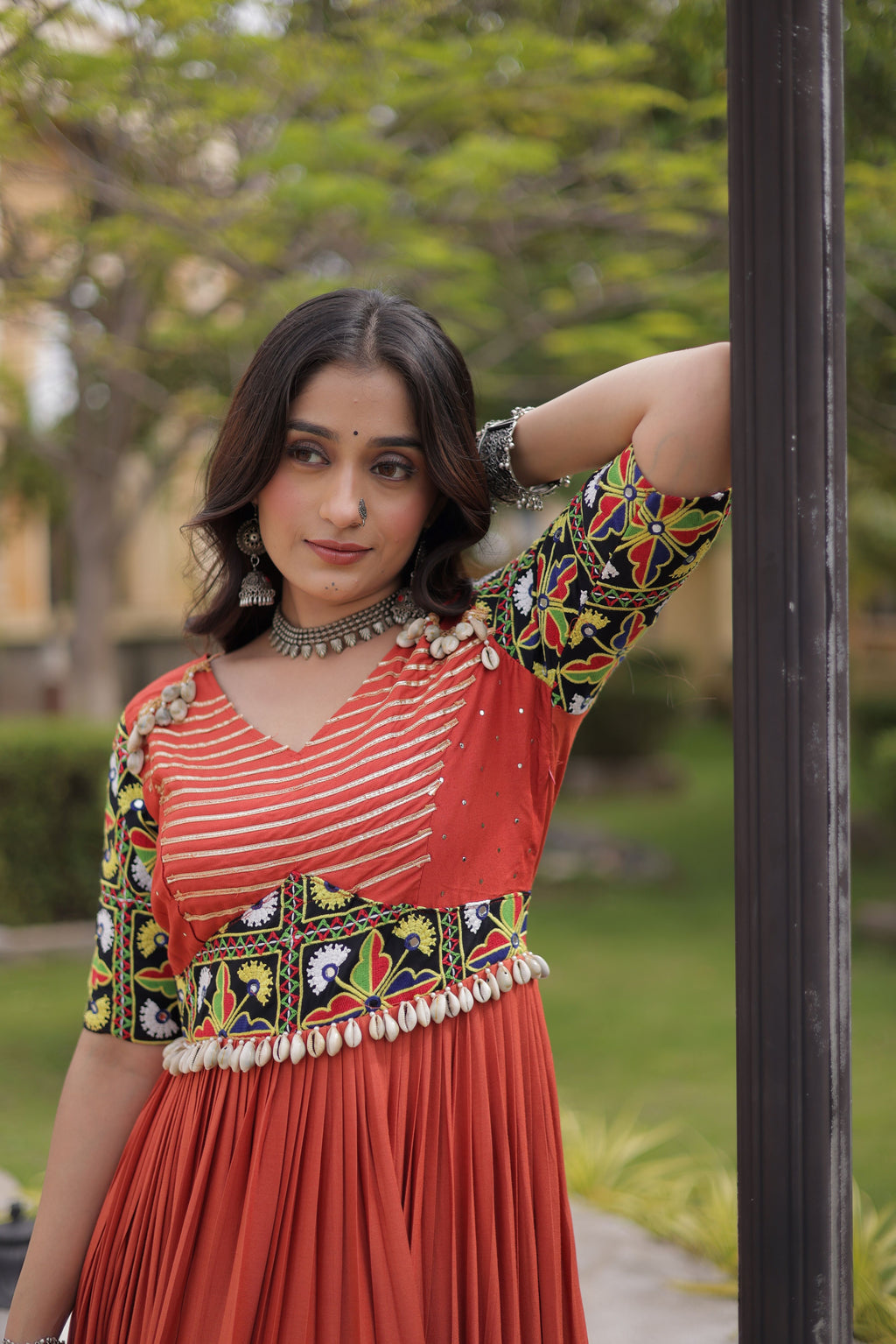 Rayon Cotton Thread Embroidery Navratri Gown