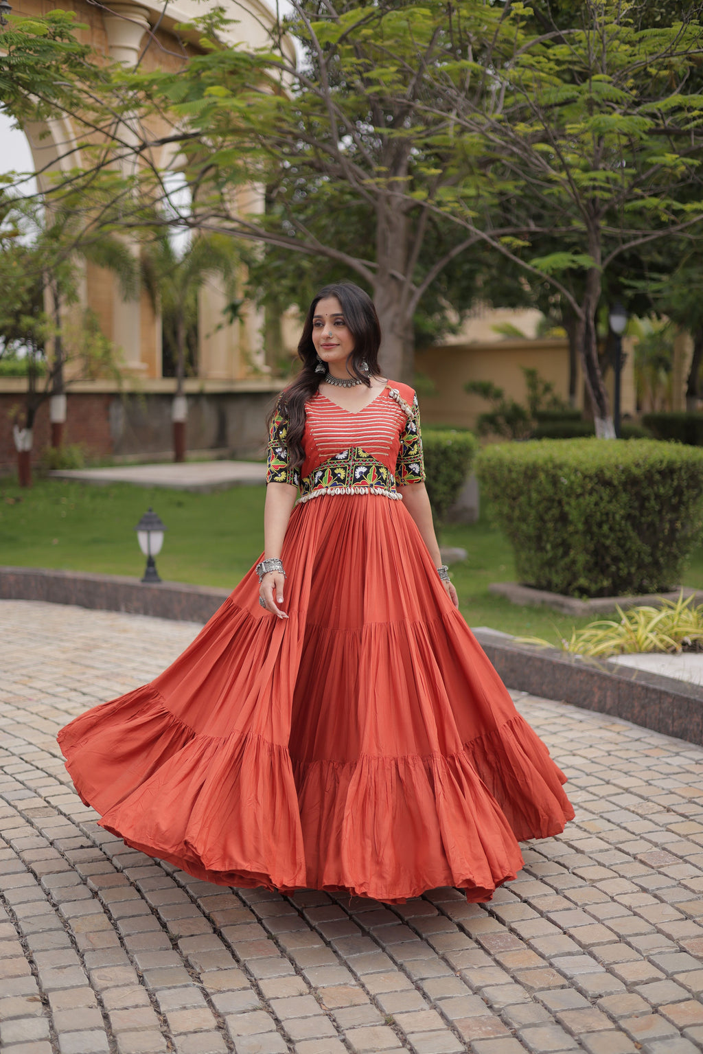 Rayon Cotton Thread Embroidery Navratri Gown