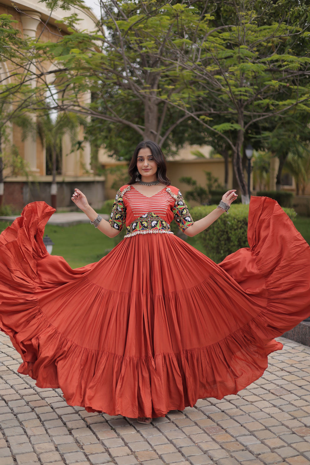 Rayon Cotton Thread Embroidery Navratri Gown