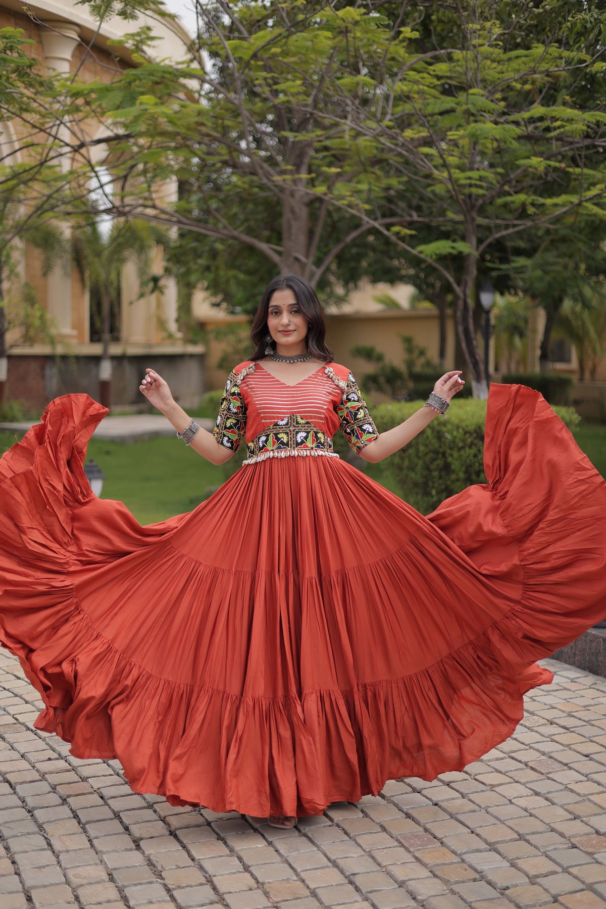 Rayon Cotton Thread Embroidery Navratri Gown