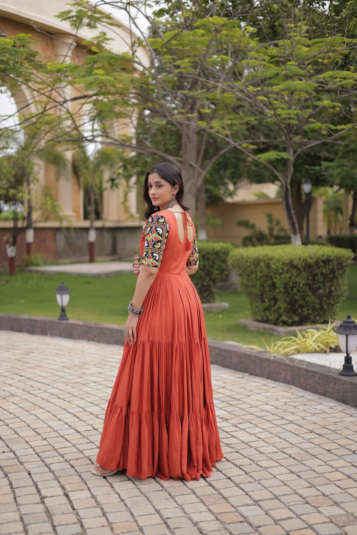 Rayon Cotton Thread Embroidery Navratri Gown