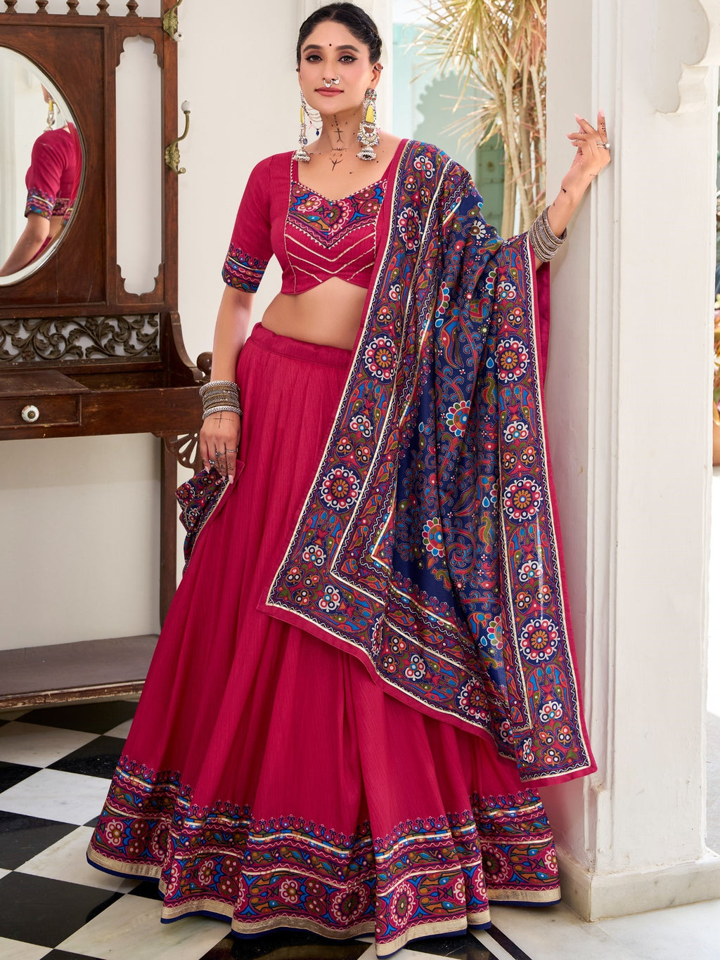 Tussar Silk Gamthi Printed Navratri Lehenga With Dupatta