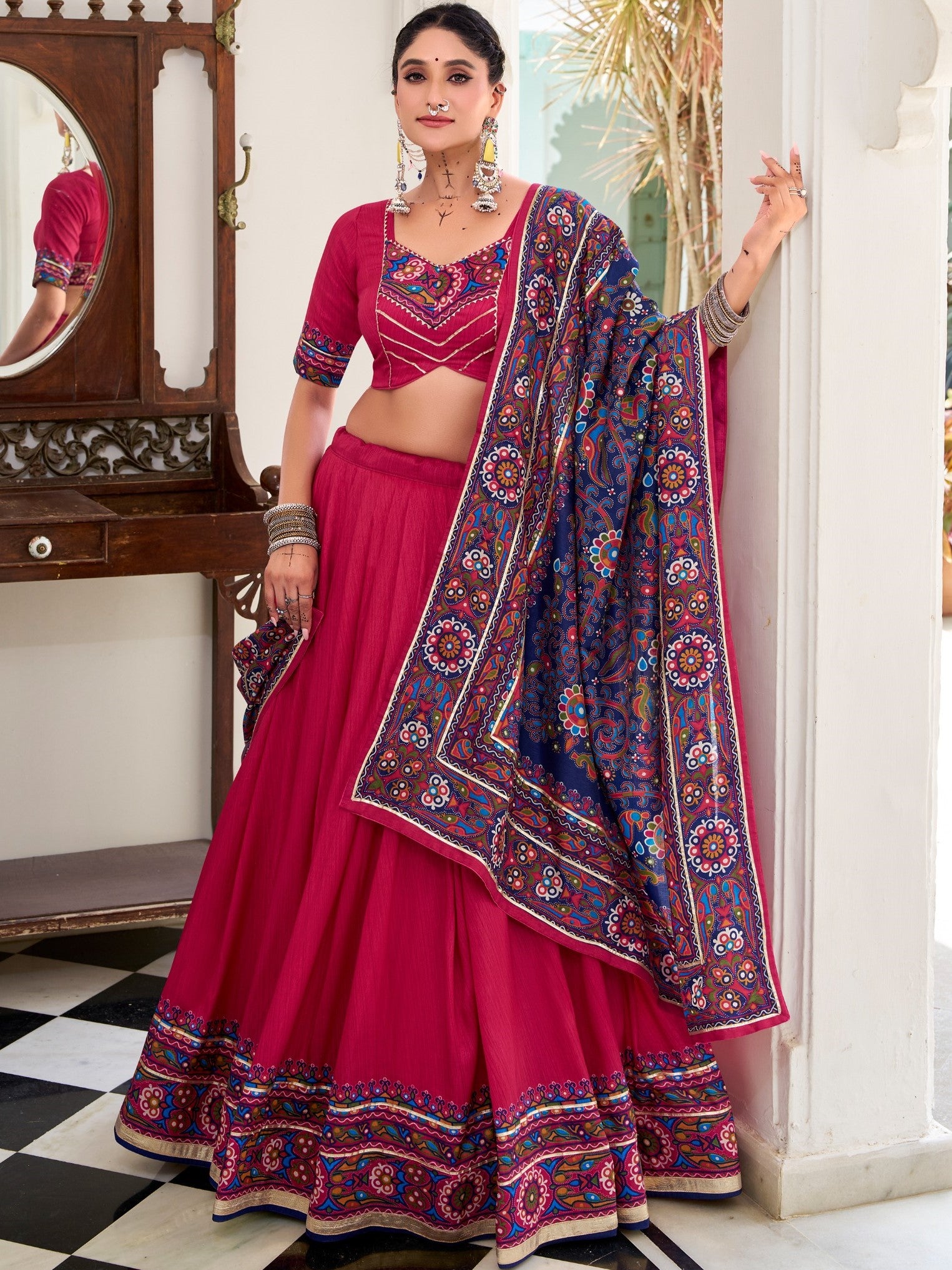 Tussar Silk Gamthi Printed Navratri Lehenga With Dupatta