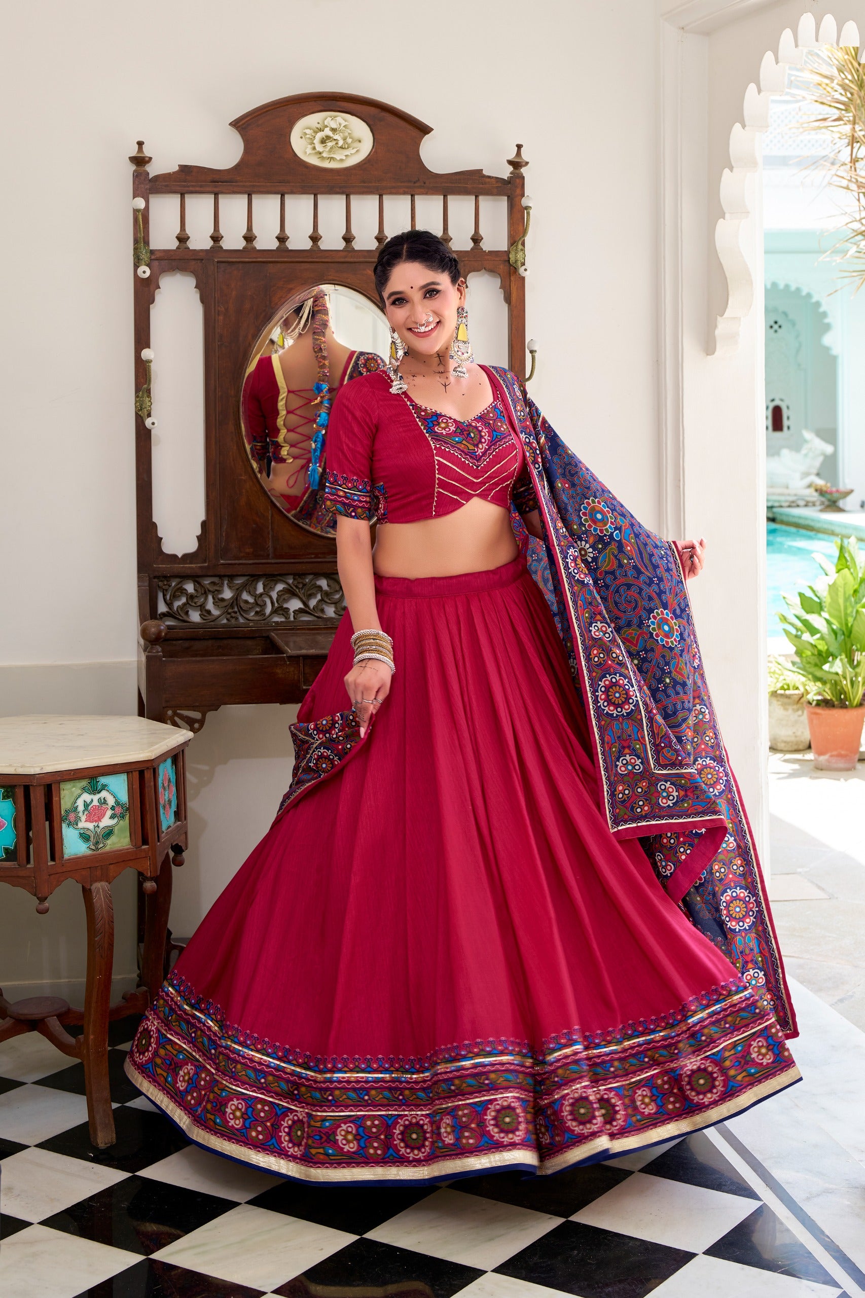 Tussar Silk Gamthi Printed Navratri Lehenga With Dupatta