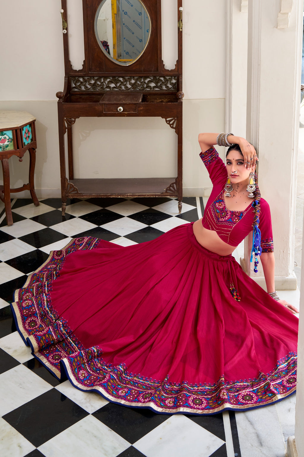 Tussar Silk Gamthi Printed Navratri Lehenga With Dupatta