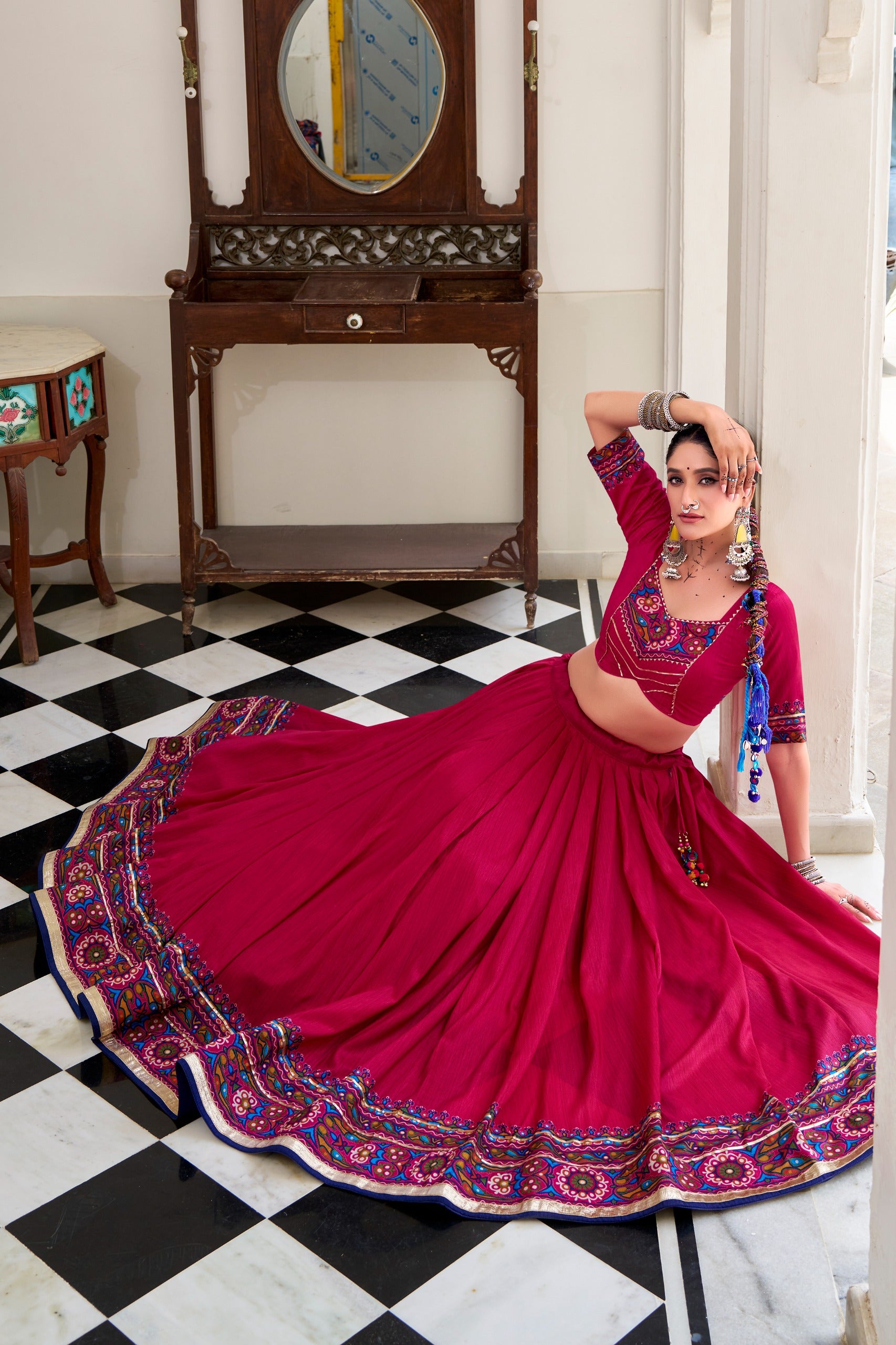 Tussar Silk Gamthi Printed Navratri Lehenga With Dupatta