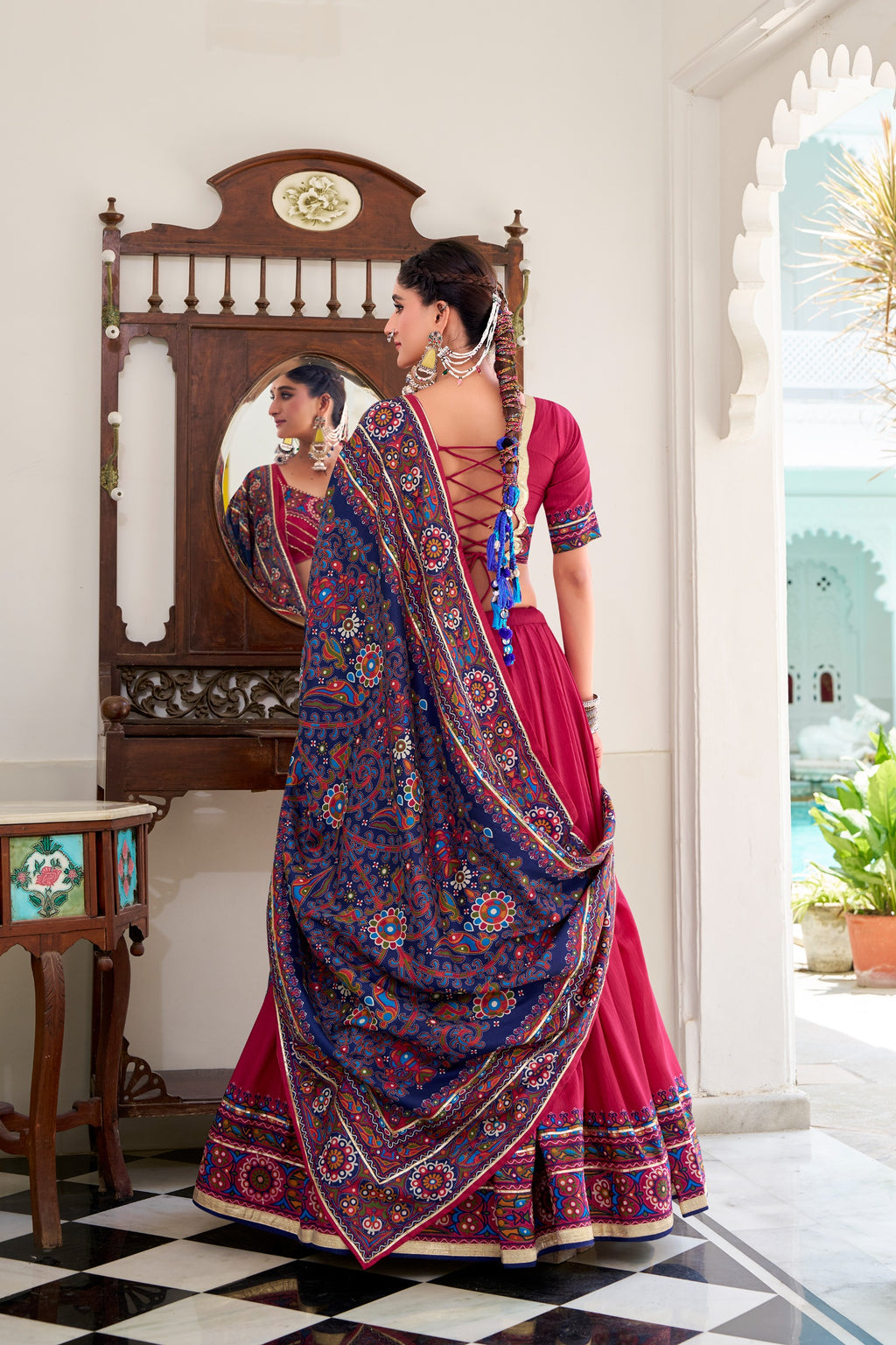 Tussar Silk Gamthi Printed Navratri Lehenga With Dupatta