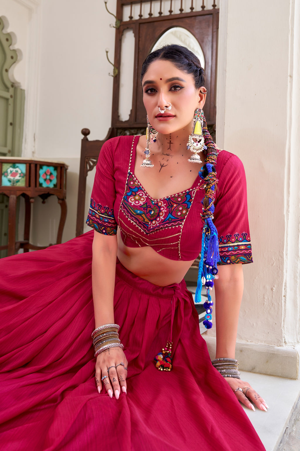 Tussar Silk Gamthi Printed Navratri Lehenga With Dupatta